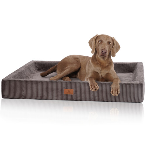 Knuffelwuff Santiago orthopaedic dog bed made of corduroy with the characteristics of a hand-woven material, M – L, 85 x 65 cm, brown grey