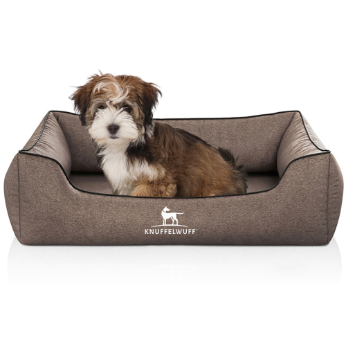 Knuffelwuff Velour Orthopaedic Dog Bed with Hand-Woven Material Look Amelie M-L 85 x 63cm Brown