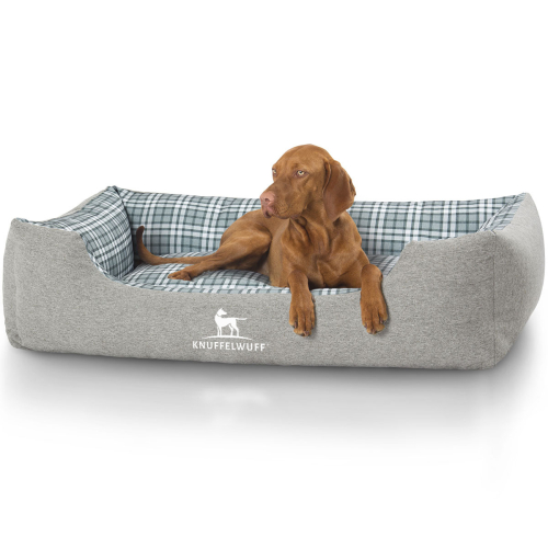 Knuffelwuff Check-Pattern Velour Dog Bed Lennard XL 105 x 75cm Grey/Green