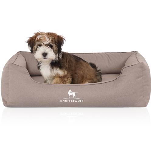 Knuffelwuff Velour Water-Repellent Orthopaedic Dog Bed with Hand-Woven Material Look Leon M-L 85 x 63cm Beige/Grey