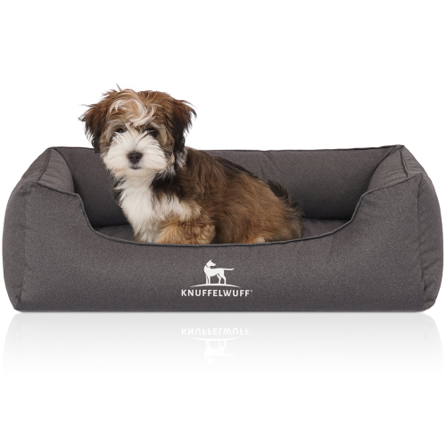 Knuffelwuff Velour Water-Repellent Orthopaedic Dog Bed with Hand-Woven Material Look Leon M-L 85 x 63cm Anthracite