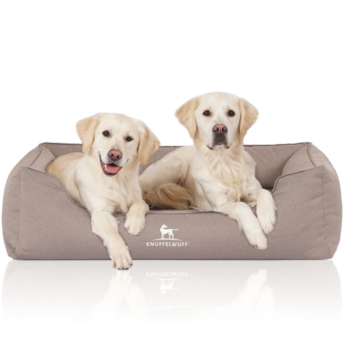 Knuffelwuff Velour Water-Repellent Orthopaedic Dog Bed with Hand-Woven Material Look Leon XL 105 x 75cm Beige/Grey