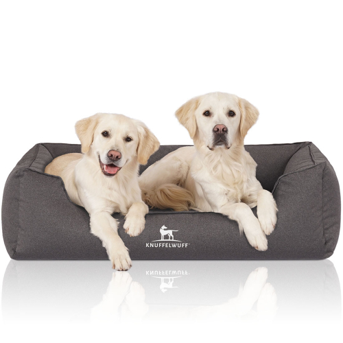 Knuffelwuff Velour Water-Repellent Orthopaedic Dog Bed with Hand-Woven Material Look Leon XL 105 x 75cm Anthracite
