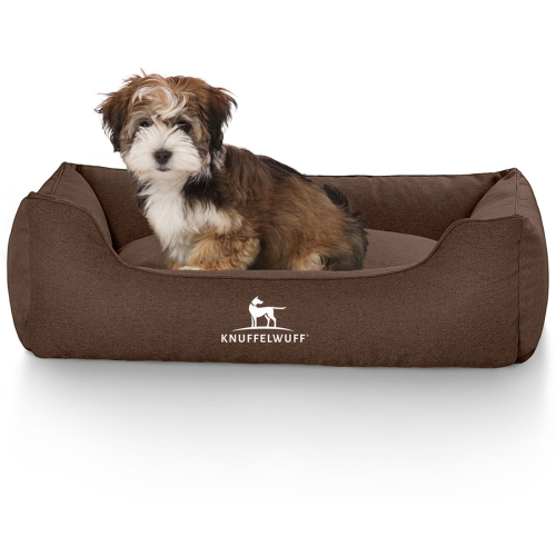 Knuffelwuff Velour Dog Bed Crispino with Hand-Woven Material Look M-L 85 x 63cm Brown