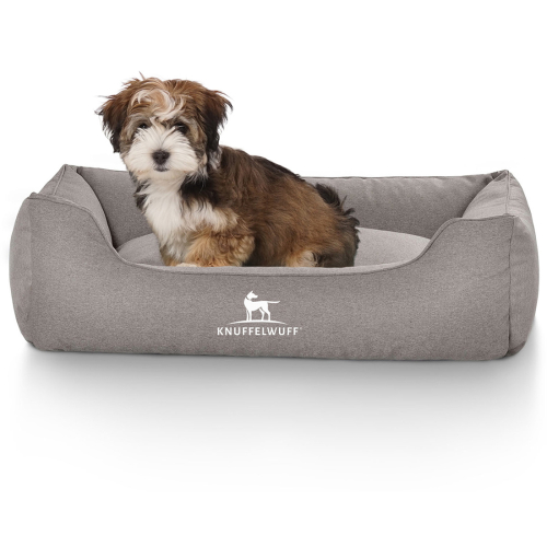 Knuffelwuff Velour Dog Bed Crispino with Hand-Woven Material Look M-L 85 x 63cm Grey