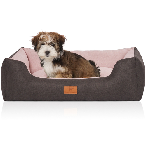 Knuffelwuff Velour Dog Bed Luke with Fine Hand-Woven Material Look M-L 85 x 63cm Black-Pink