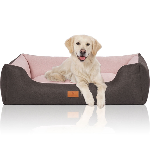 Knuffelwuff Velour Dog Bed Luke with Fine Hand-Woven Material Look XL 105 x 75cm Black-Pink