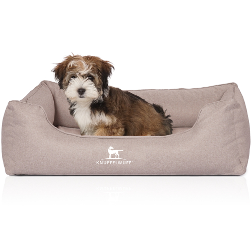 Knuffelwuff Velour Orthopaedic Dog Bed with Fine Hand-Woven Material Look Luisa Sunshine Edition M-L 85 x 63cm Beige