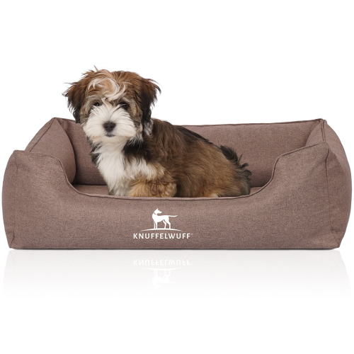 Knuffelwuff Velour Orthopaedic Dog Bed with Hand-Woven Material Look Wippo M-L 85 x 63cm Potato