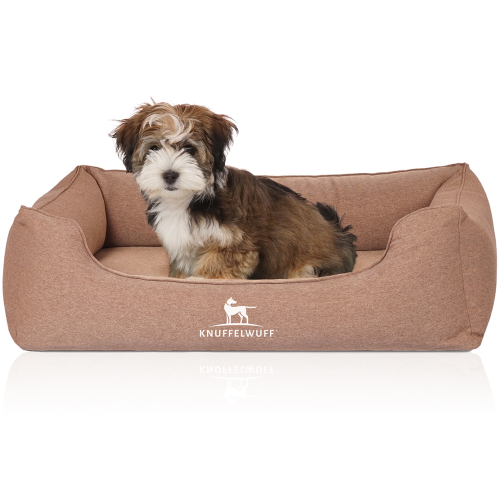 Knuffelwuff Velour Orthopaedic Dog Bed with Hand-Woven Material Look Leano M-L 85 x 63cm Tan