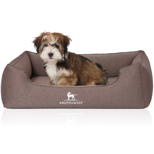 Knuffelwuff Velour Orthopaedic Dog Bed with Hand-Woven Material Look Leano M-L 85 x 63cm Brown