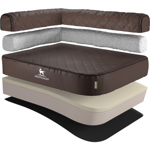 Knuffelwuff Laser-Quilted Artificial Leather Orthopaedic Corner Dog Bed Winslow L 85 x 63cm Rest Left Brown