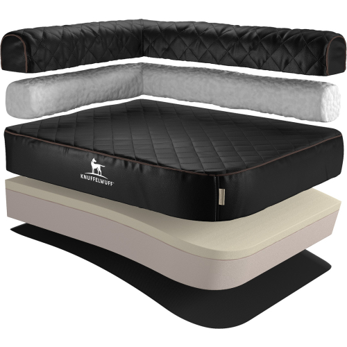 Knuffelwuff Laser-Quilted Artificial Leather Orthopaedic Corner Dog Bed Winslow L 85 x 63cm Rest Left Black