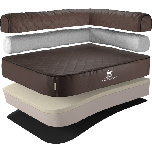 Knuffelwuff Laser-Quilted Artificial Leather Orthopaedic Corner Dog Bed Winslow Kingsize XXXL 140 x 100cm Rest Right Brown