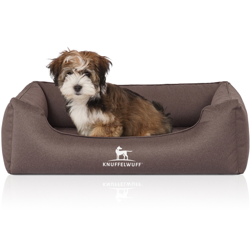 Knuffelwuff Velour Water-Repellent Orthopaedic Dog Bed with Hand-Woven Material Look Leon M-L 85 x 63cm Grey Brown