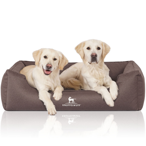 Knuffelwuff Velour Water-Repellent Orthopaedic Dog Bed with Hand-Woven Material Look Leon XL 105 x 75cm Grey Brown