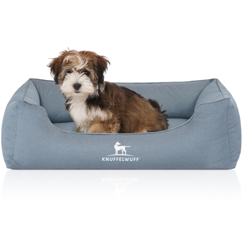 Knuffelwuff Velour Water-Repellent Orthopaedic Dog Bed with Hand-Woven Material Look Leon M-L 85 x 63cm Light Blue