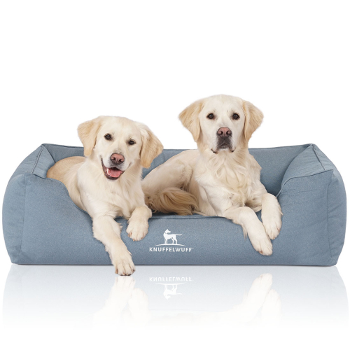 Knuffelwuff Velour Water-Repellent Orthopaedic Dog Bed with Hand-Woven Material Look Leon XL 105 x 75cm Light Blue