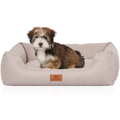 Knuffelwuff Velour Dog Bed Emma with Fine Hand-Woven Material Look in Pastel Colours M-L 85 x 63cm Beige