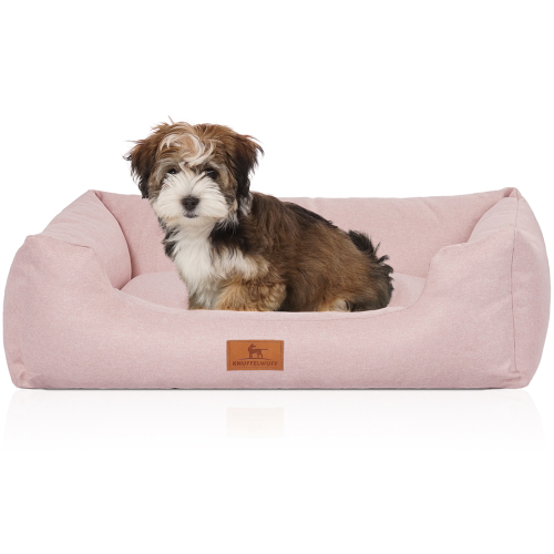 Knuffelwuff Velour Dog Bed Emma with Fine Hand-Woven Material Look in Pastel Colours M-L 85 x 63cm Pink