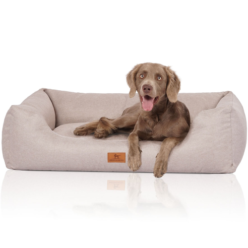Knuffelwuff Velour Dog Bed Emma with Fine Hand-Woven Material Look in Pastel Colours XL 105 x 75cm Beige