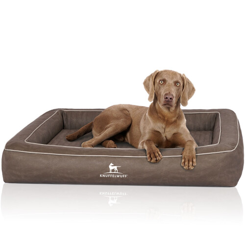 Knuffelwuff Montego orthopaedic dog bed made of laser-quilted synthetic leather, 85 x 65 cm, brown grey