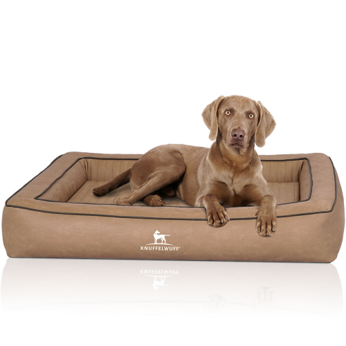 Knuffelwuff Montego orthopaedic dog bed made of laser-quilted synthetic leather, 105 x 80 cm, camel
