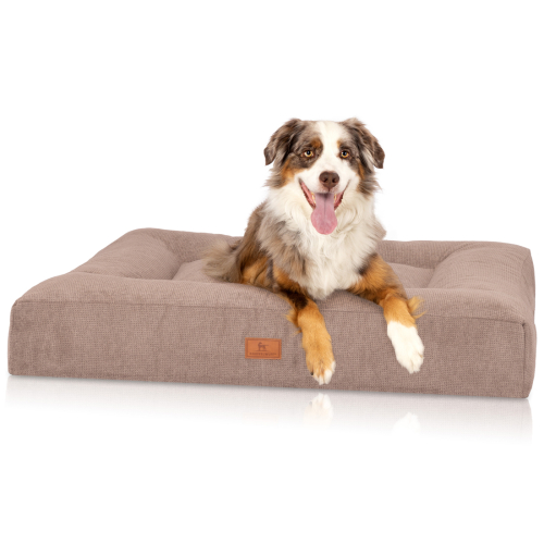 Knuffelwuff Sofia orthopaedic dog bed made of velour with the characteristics of a hand-woven material, 80 x 60 cm, beige